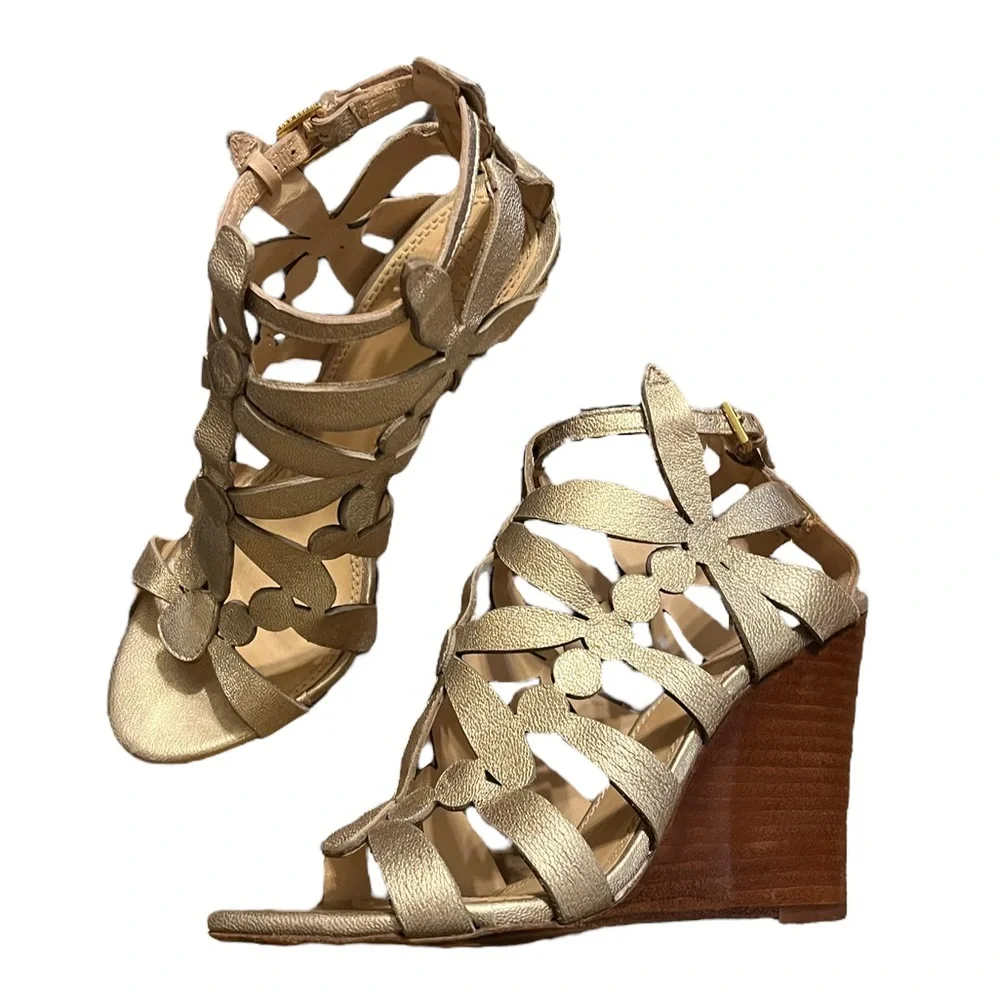 Tory Burch Gold Floral Wedge Sandals